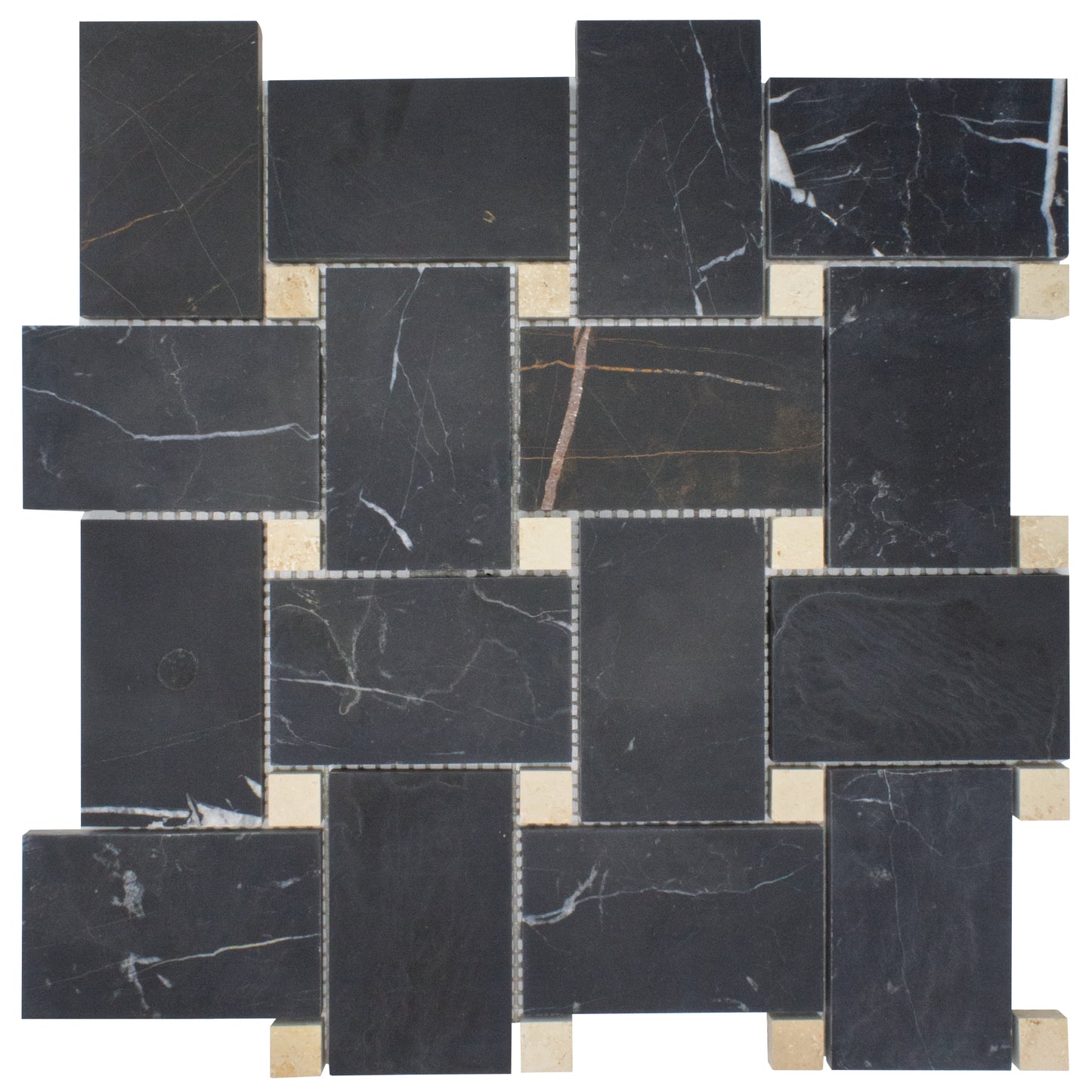 Bedrosians Jumbo Basketweave Collection Sahara Noir with Beige Dot 11.25" x 11.25" Honed Basketweave Marble Mosaic Tile