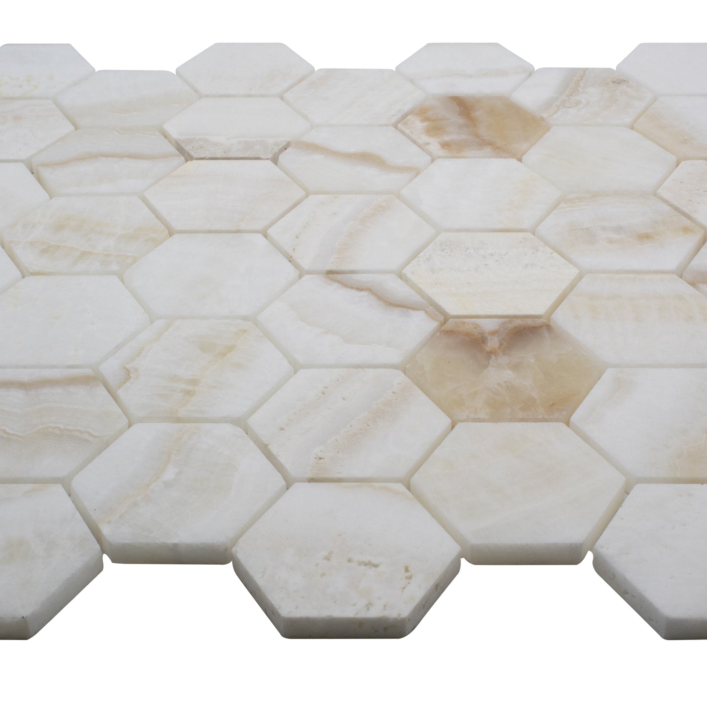 ET Hexagon Onyx Ivory Honed (2" x 2" pieces) 11.75" x 12" Onyx Mosaic Tile