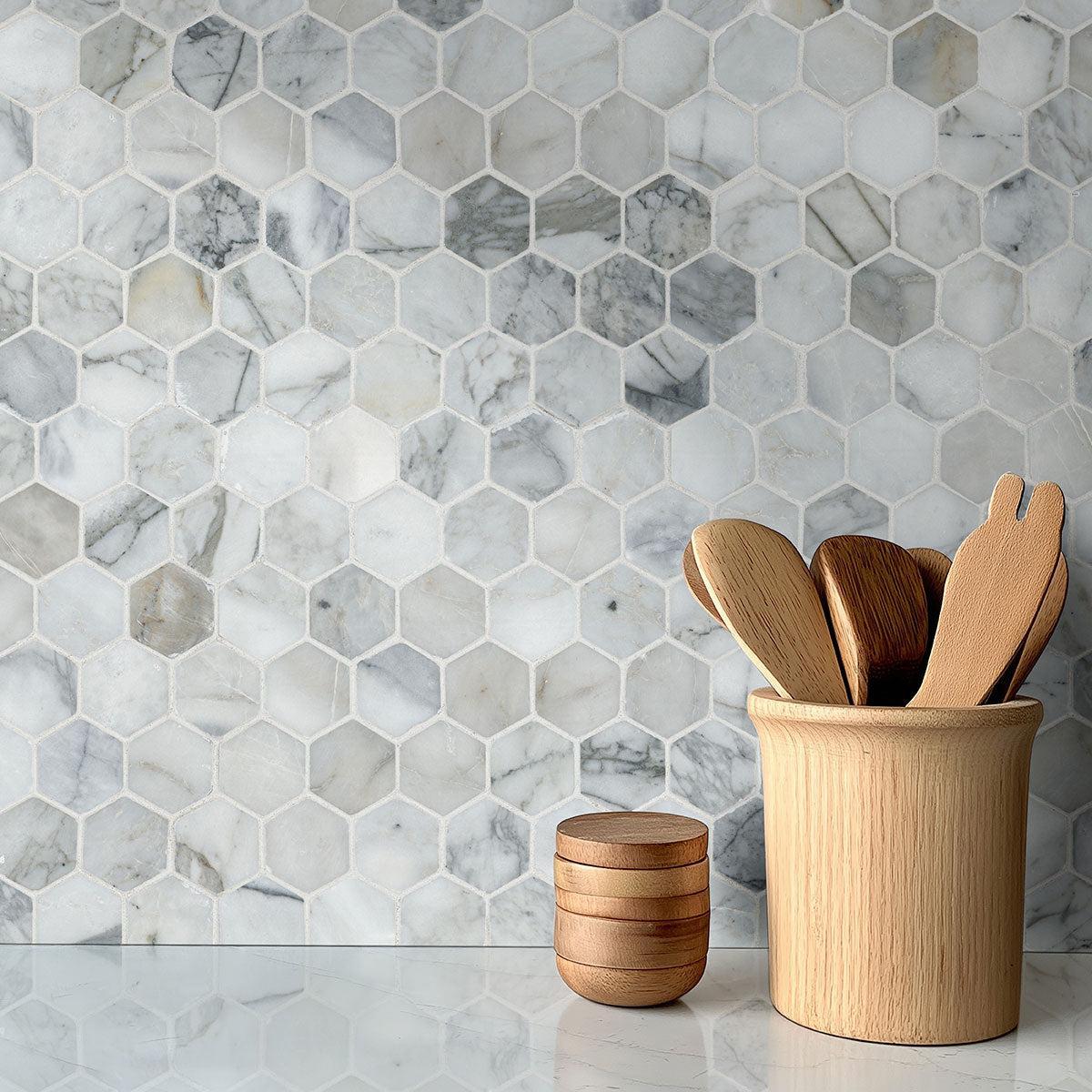 MSI Calacatta Cressa Hexagon (2" Pieces) 11.75" x 12" Honed Marble Mosaic Tile
