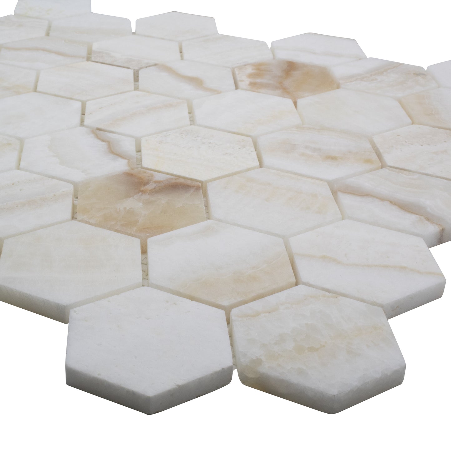 ET Hexagon Onyx Ivory Honed (2" x 2" pieces) 11.75" x 12" Onyx Mosaic Tile