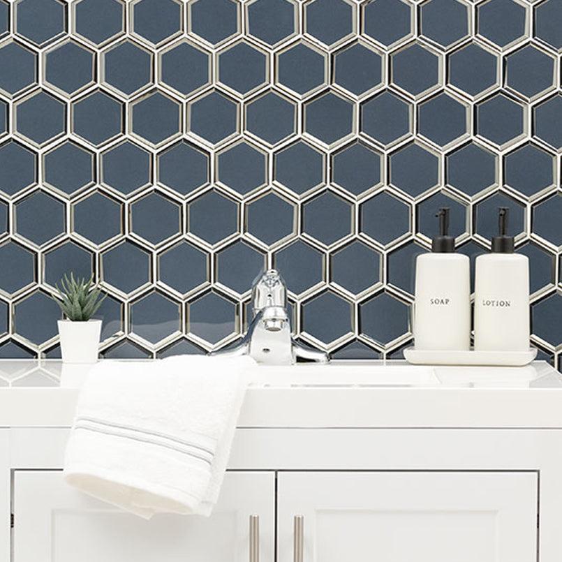 MSI Vague Blue Hexagon (3" Pieces) 11.25" x 11.5" Polished Glass Mosaic Tile