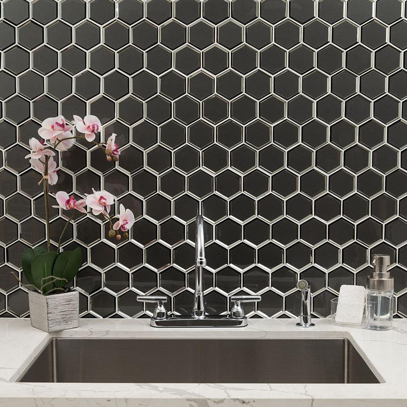 MSI Metallic Gray Beveled Hexagon (3" Pieces) 11.25" x 11.5" Polished Glass Mosaic Tile