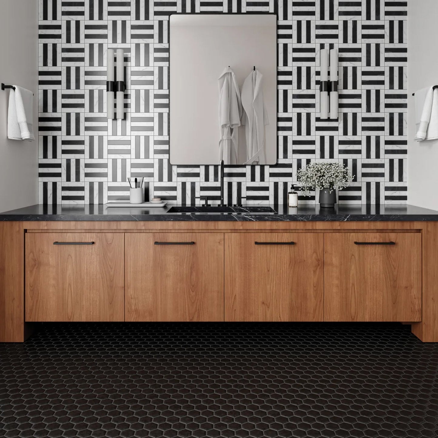 Bedrosians Le Cafe Collection Black Hexagon (2" x 2" Pieces) 11" x 12.75" Matte Porcelain Mosaic Tile