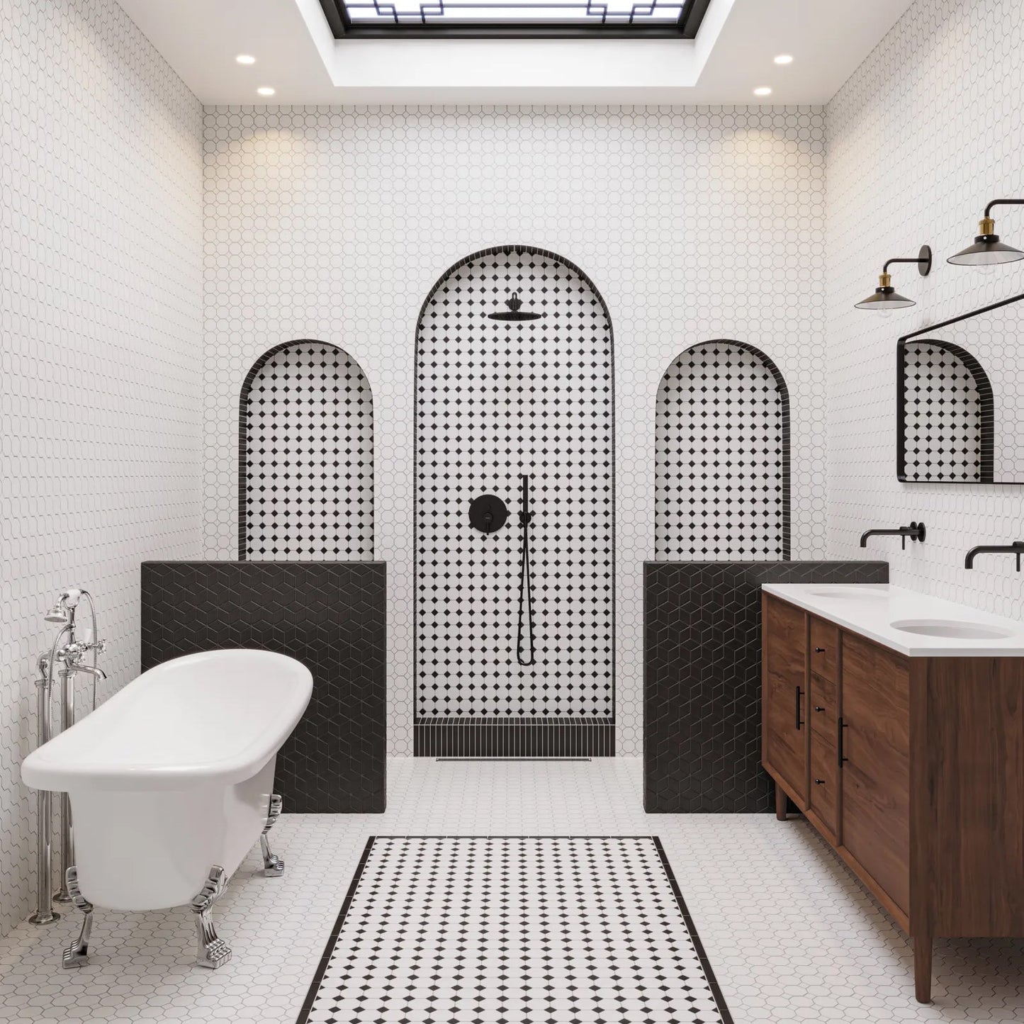Bedrosians Le Cafe Collection White With Black Dot Octagon (2" x 2" Pieces) 11.75" x 11.75" Matte Porcelain Mosaic Tile
