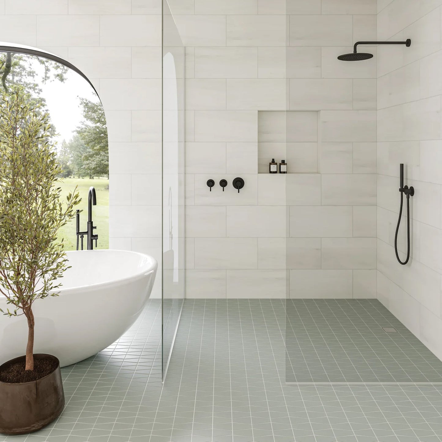 Bedrosians Marin Collection Aloe Green Trapezoid 8.25" x 13" Matte Porcelain Mosaic Tile