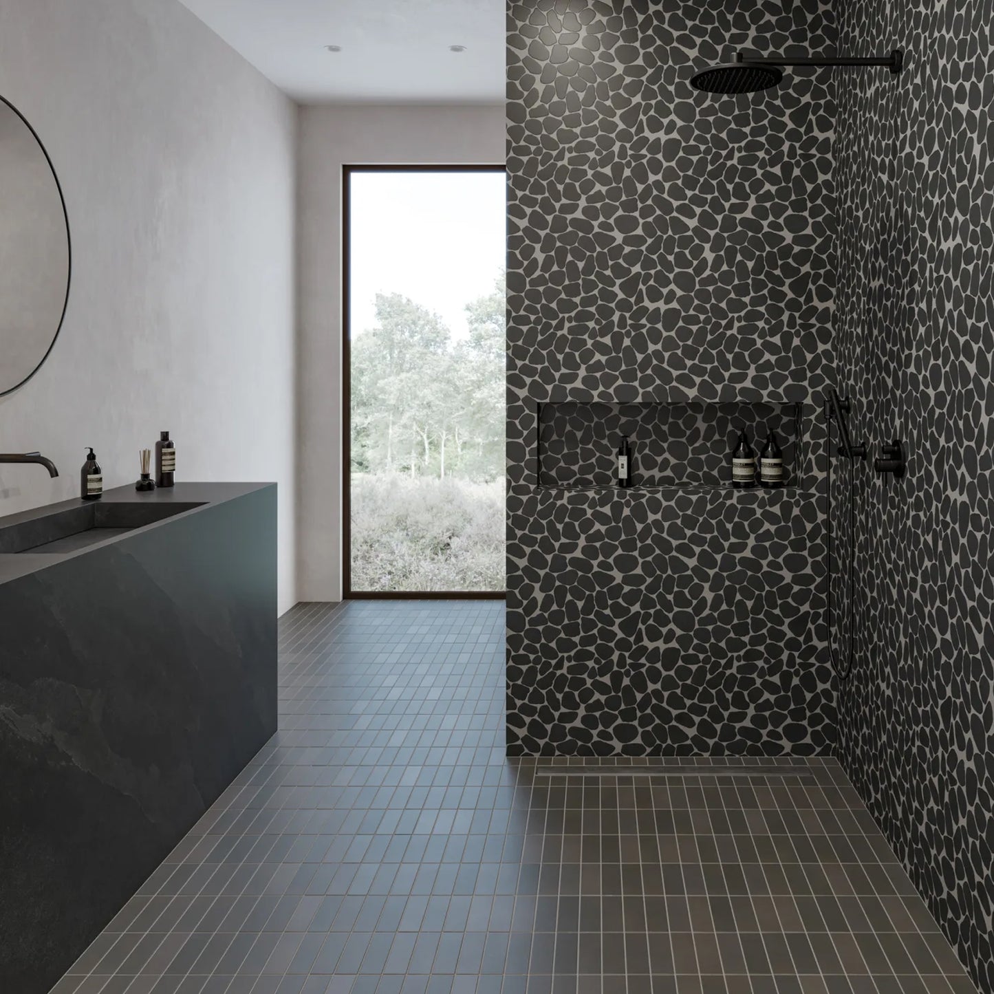 Bedrosians Waterbrook Collection Super Black (Jumbo) 12" x 12" Pebble Rock Mosaic Tile