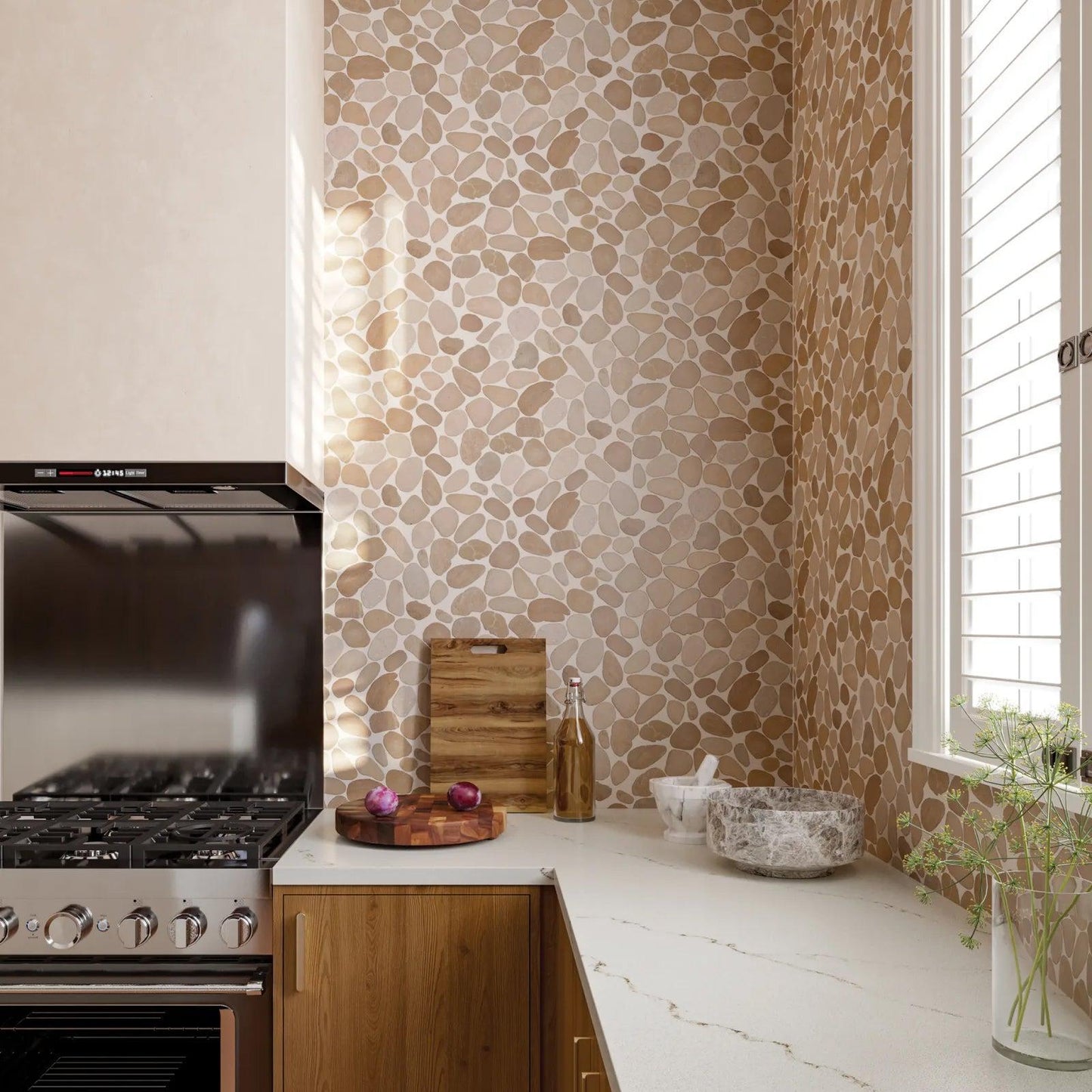 Bedrosians Waterbrook Collection Tan (Jumbo) 12" x 12" Pebble Rock Mosaic Tile