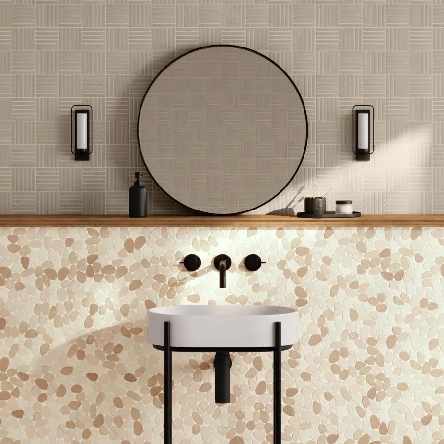 Bedrosians Waterbrook Collection White & Tan (Jumbo) 12" x 12" Pebble Rock Mosaic Tile