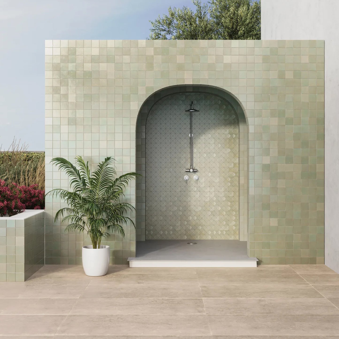 Bedrosians Zagora Collection Vert Gris (3" x 1.5" Triangle Pieces) 12" x 12" Glossy Zellige Ceramic Mosaic Tile