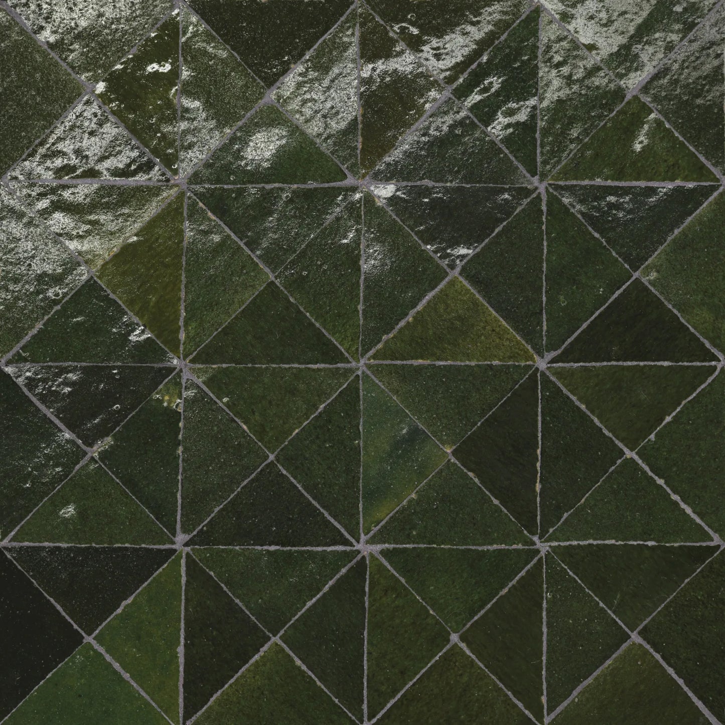 Bedrosians Zagora Collection Vert Mousse (3" x 1.5" Triangle Pieces) 12" x 12" Glossy Zellige Ceramic Mosaic Tile