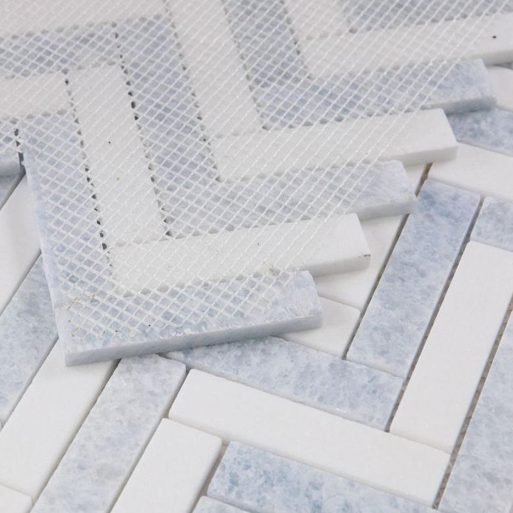 Elysium Tiles Herringbone Crystal Ocean 11.25" x 11.25" Marble Mosaic Tile
