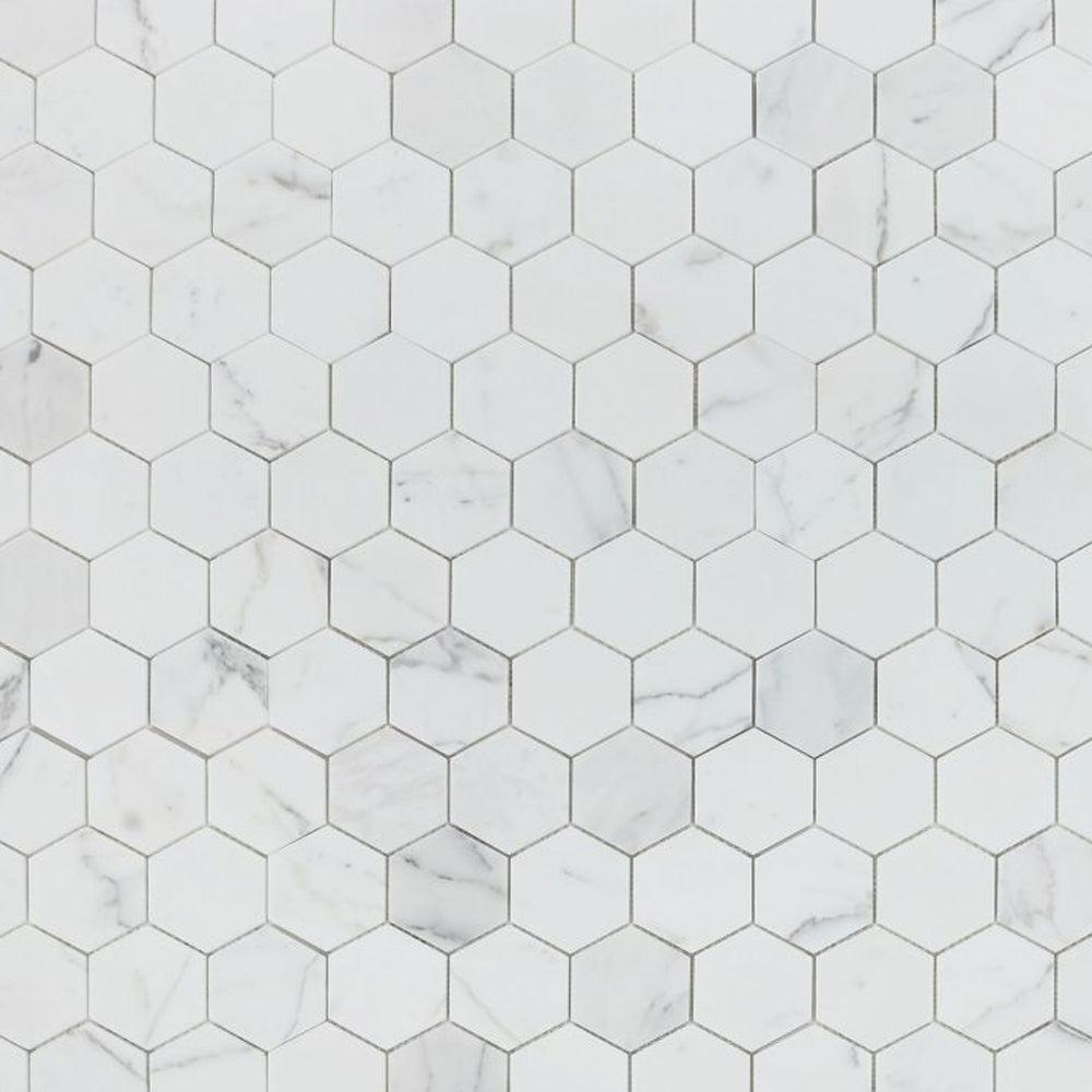 Elysium Tiles Hexagon Calacatta White Honed (3" x 3" pieces) 10.25" x 11.75" Marble Mosaic Tile
