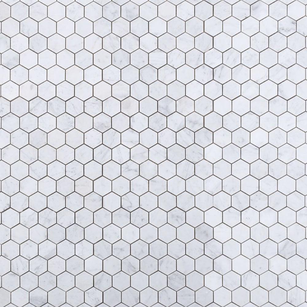 Elysium Tiles Hexagon Carrara Polished (2" x 2" pieces) 12" x 12" Marble Mosaic Tile
