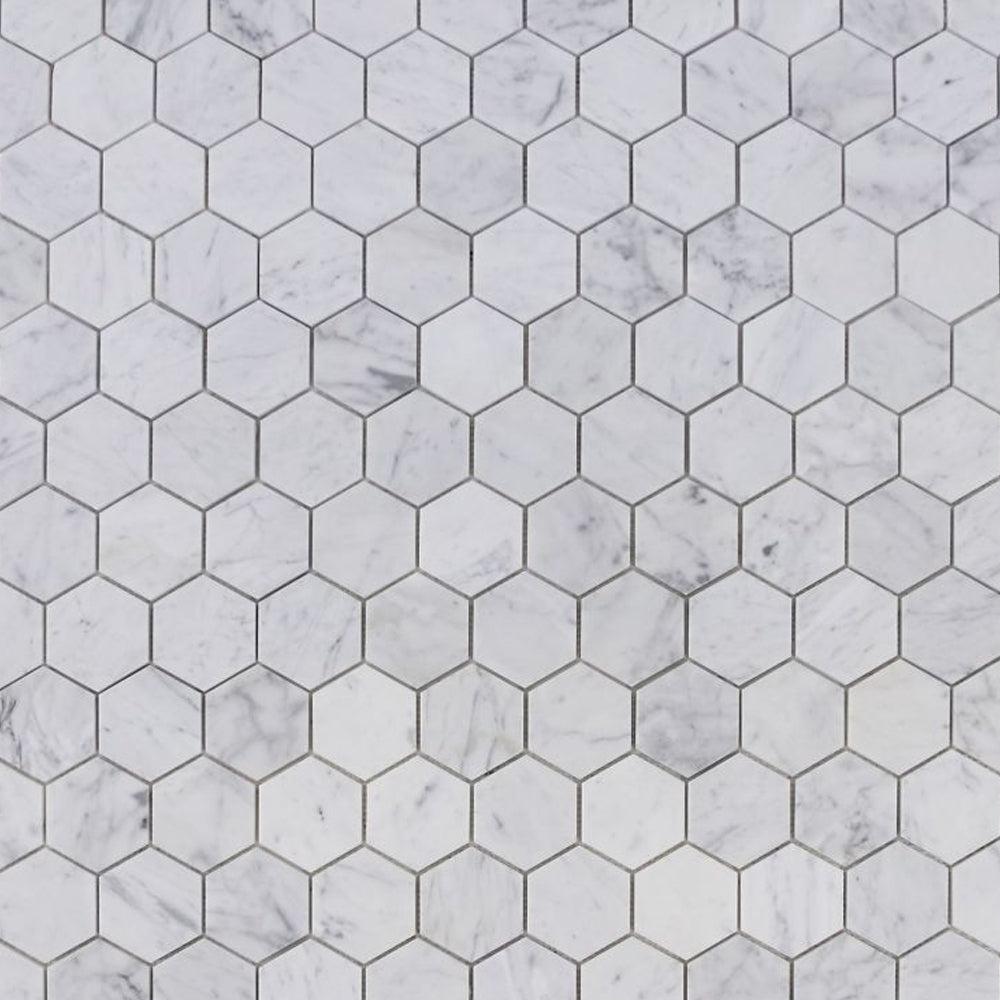 Elysium Tiles Hexagon Carrara Polished (3" x 3" pieces) 10" x 11.5" Marble Mosaic Tile