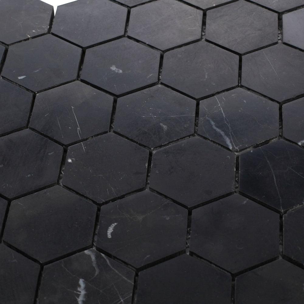 Elysium Tiles Hexagon Marquina Honed (2" x 2" pieces) 12" x 12" Marble Mosaic Tile