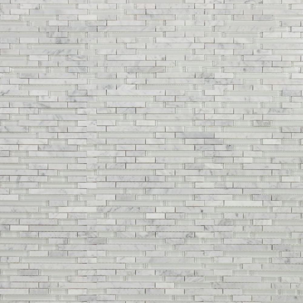 Elysium Tiles Linear Carrara White 11.75" x 12" Marble and Glass Mosaic Tile