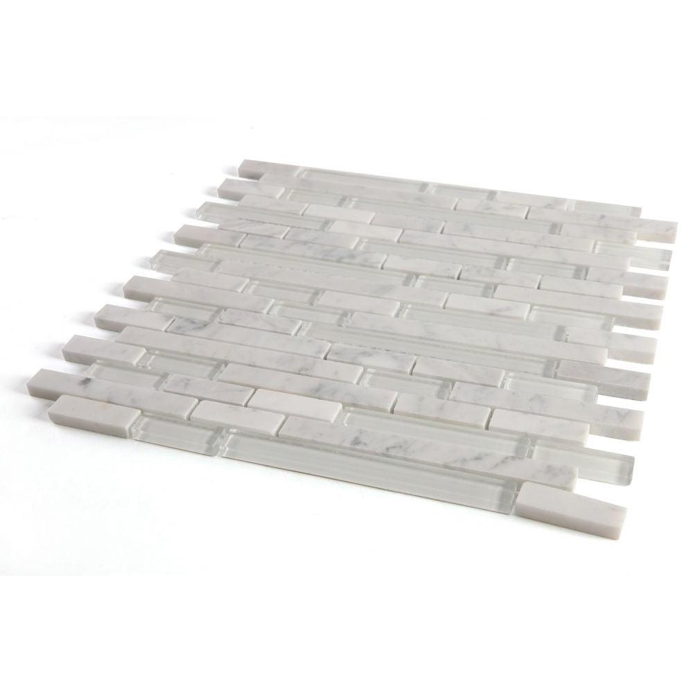 Elysium Tiles Linear Carrara White 11.75" x 12" Marble and Glass Mosaic Tile