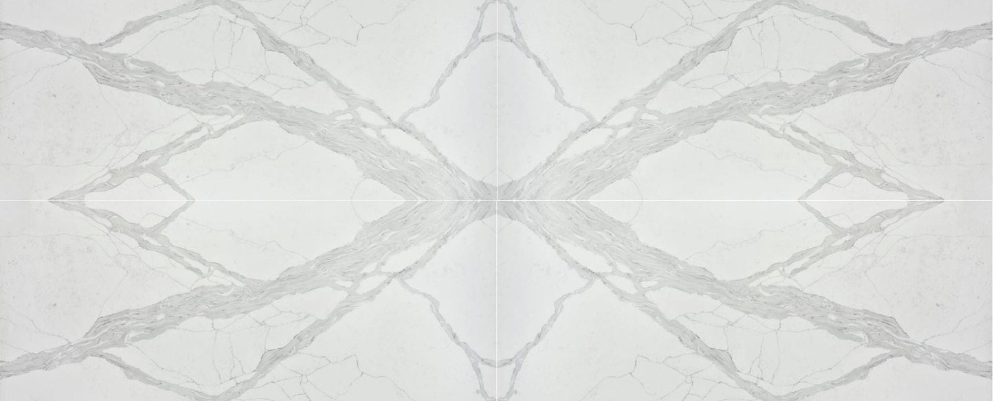 Raphael Stone Calacatta Pyrenees Bookmatched Polished 126" x 63" Quartz Slab