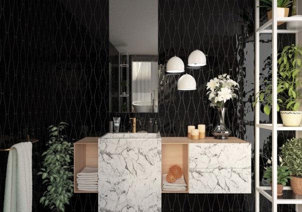 Siena Decor Monochrome Wave Collection Black 3" x 12" Polished Porcelain Decorative Subway Tile