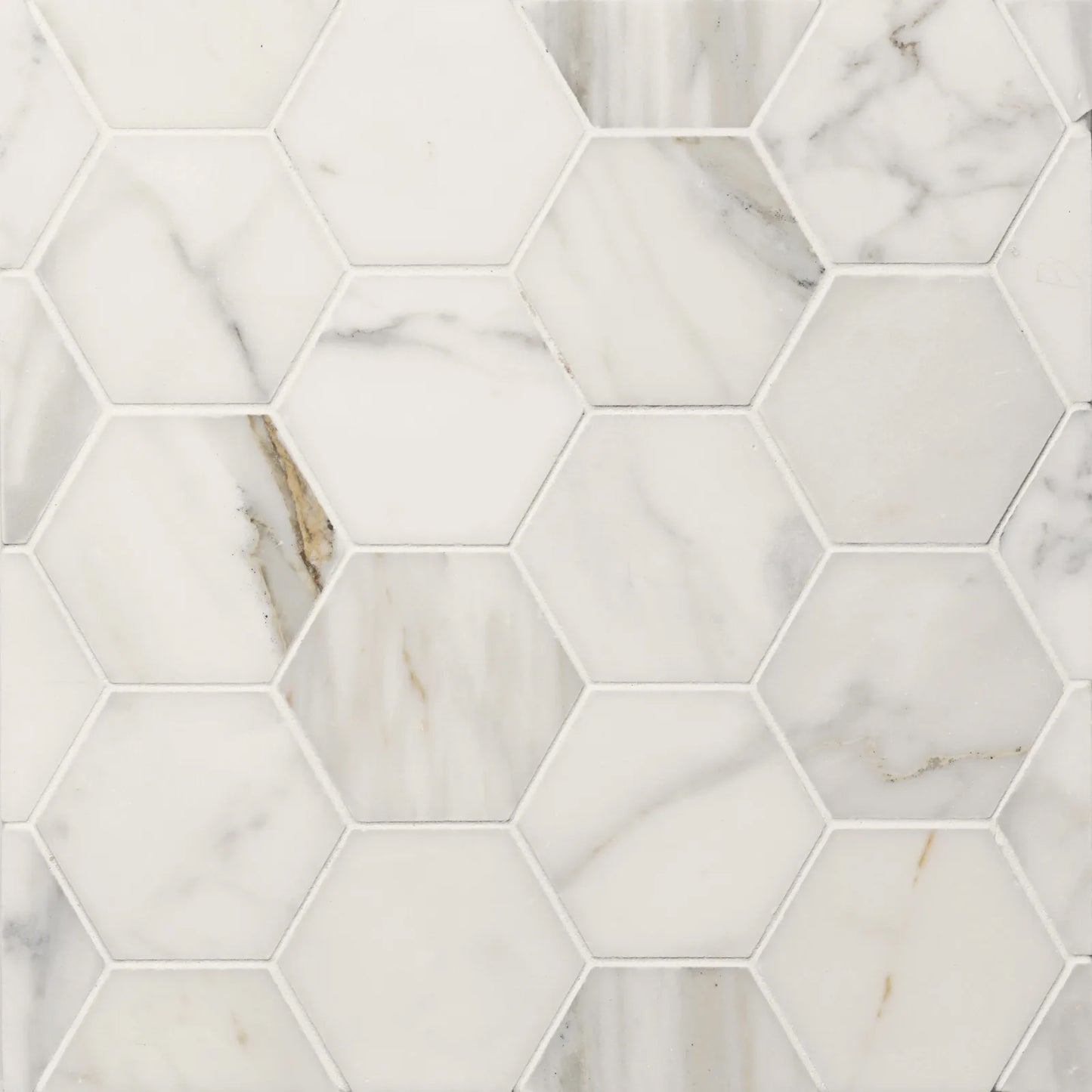 Bedrosians Calacatta Oro (3" Hexagon Pieces) 10.5" x 12" Honed Marble Mosaic Tile