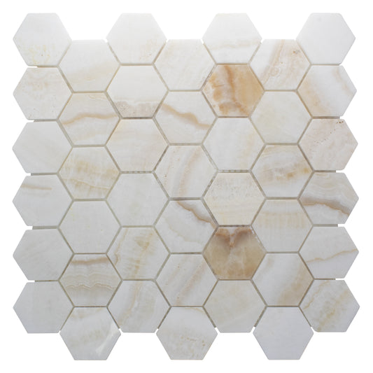 ET Hexagon Onyx Ivory Honed (2" x 2" pieces) 11.75" x 12" Onyx Mosaic Tile