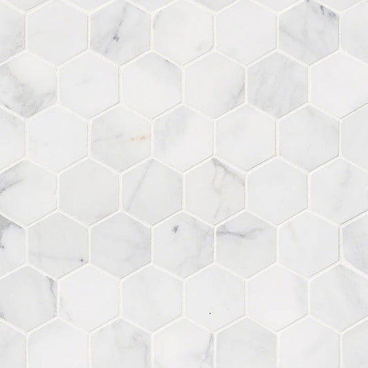 MSI Calacatta Cressa Hexagon (2" Pieces) 11.75" x 12" Honed Marble Mosaic Tile