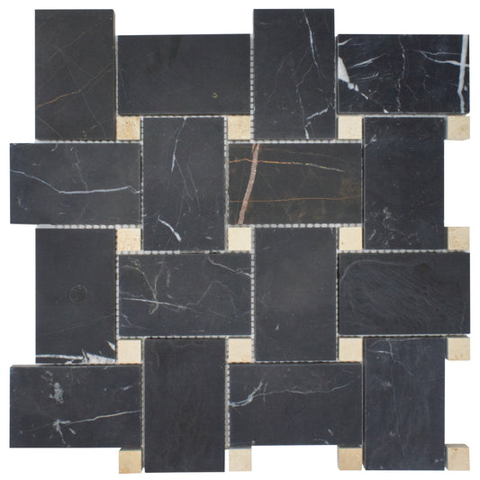 Bedrosians Jumbo Basketweave Collection Sahara Noir with Beige Dot 11.25" x 11.25" Honed Basketweave Marble Mosaic Tile