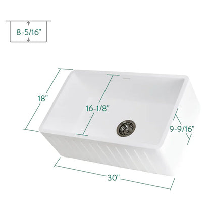 Arcticstone 30" x 18" x 9-9/16" Solid Surface Matte White Stone Apron-Front Single Bowl Undermount Farmhouse Kitchen Sink