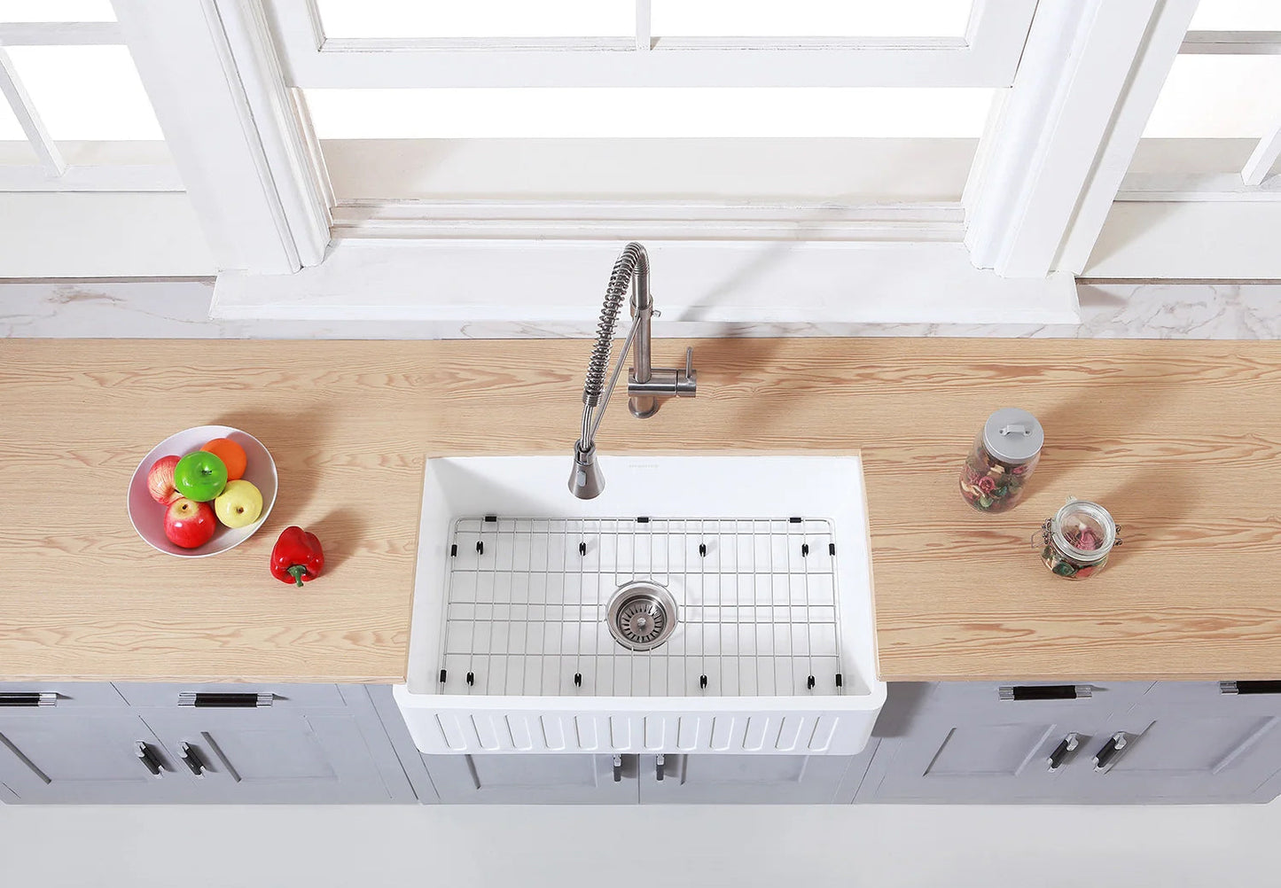 Arcticstone 30" x 18" x 9-9/16" Solid Surface Matte White Stone Apron-Front Single Bowl Undermount Farmhouse Kitchen Sink