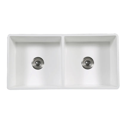 Arcticstone 36" x 18" 9-5/8" Solid Surface White Stone Apron-Front Double Bowl Undermount Farmhouse Kitchen Sink