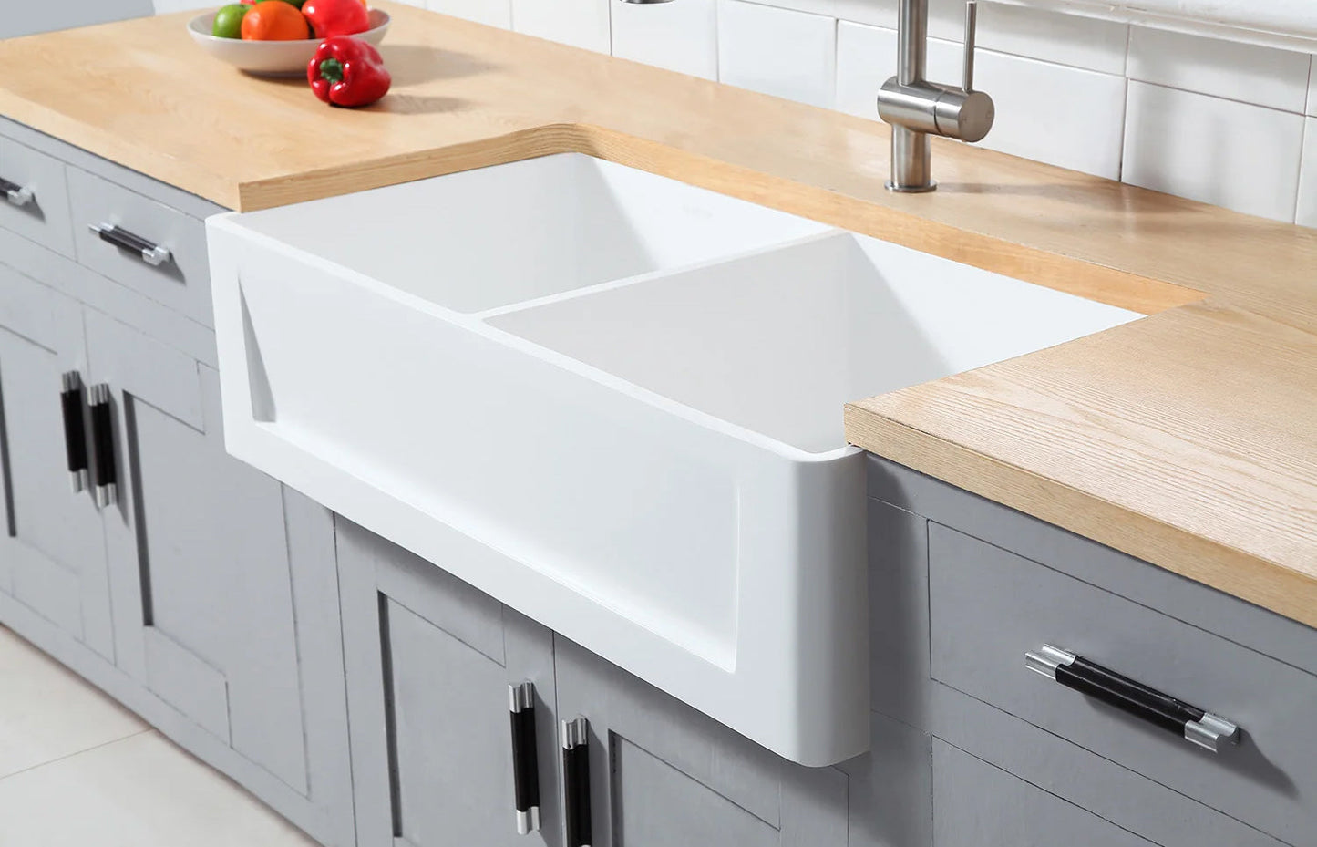 Arcticstone 36" x 18" x 9-5/8" Solid Surface White Stone Apron-Front Double Bowl Undermount Farmhouse Kitchen Sink