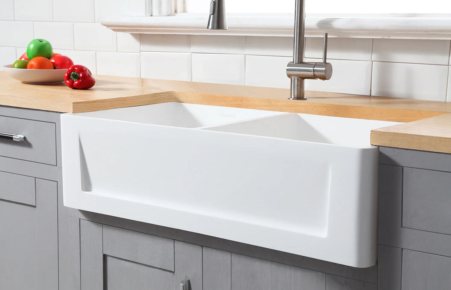 Arcticstone 36" x 18" x 9-5/8" Solid Surface White Stone Apron-Front Double Bowl Undermount Farmhouse Kitchen Sink