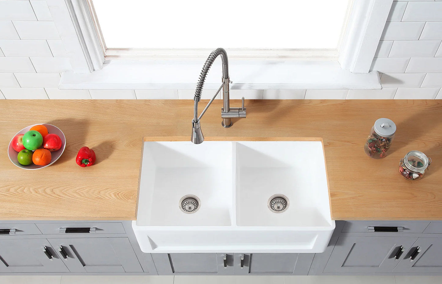 Arcticstone 36" x 18" x 9-5/8" Solid Surface White Stone Apron-Front Double Bowl Undermount Farmhouse Kitchen Sink