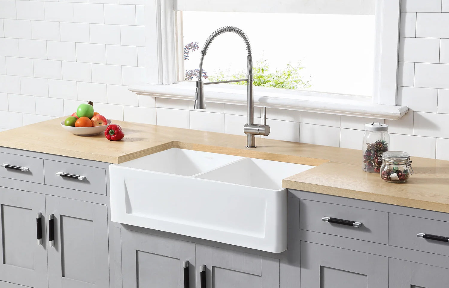 Arcticstone 36" x 18" x 9-5/8" Solid Surface White Stone Apron-Front Double Bowl Undermount Farmhouse Kitchen Sink