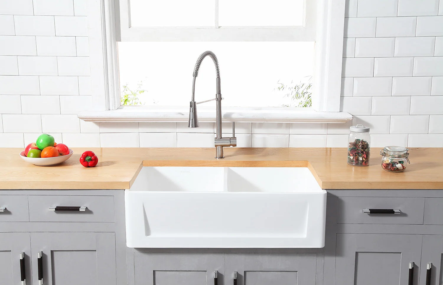 Arcticstone 36" x 18" x 9-5/8" Solid Surface White Stone Apron-Front Double Bowl Undermount Farmhouse Kitchen Sink