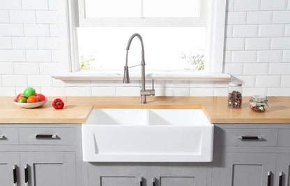 Arcticstone 36" x 18" x 9-5/8" Solid Surface White Stone Apron-Front Double Bowl Undermount Farmhouse Kitchen Sink