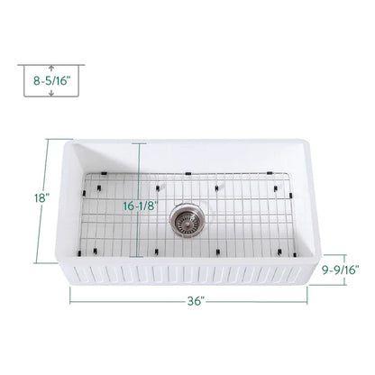 Arcticstone 36" x 18" x 9-9/16" Solid Surface Matte White Stone Apron-Front Single Bowl Undermount Farmhouse Kitchen Sink