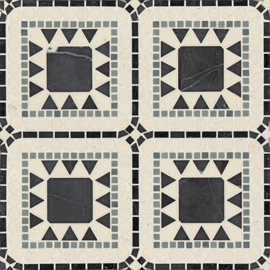 Bedrosians Atrium Collection Nero Marquina, Bardiglio & Myra Beige 15.75" x 15.75" Matte Marble Mosaic Tile