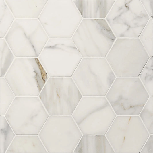 Bedrosians Calacatta Oro (3" Hexagon Pieces) 10.5" x 12" Honed Marble Mosaic Tile