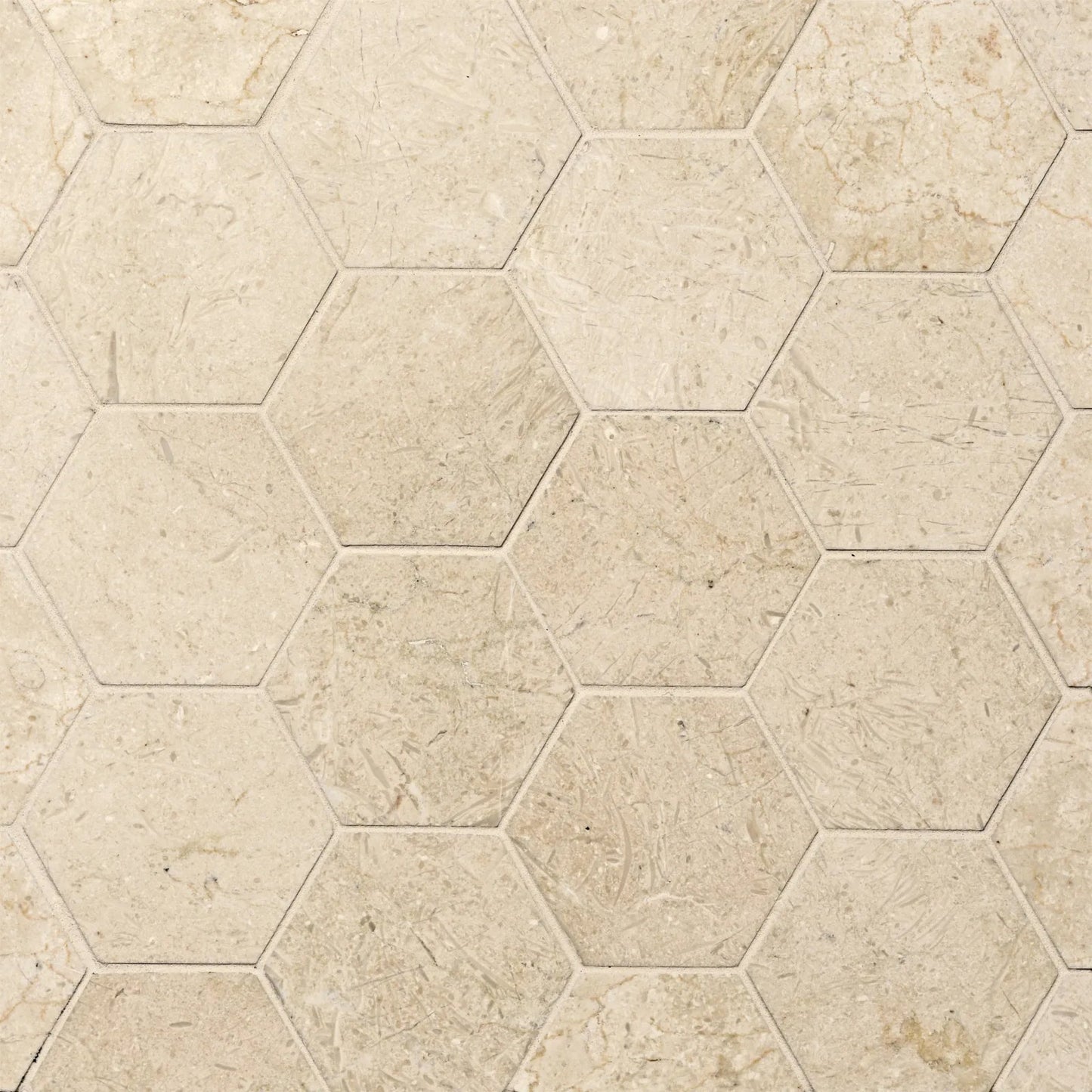 Bedrosians Crema Marfi (3" Hexagon Pieces) 10.5" x 12" Honed Marble Mosaic Tile