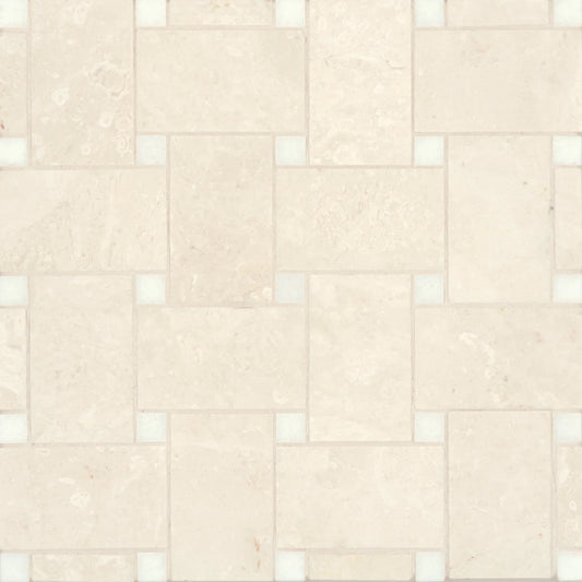 Bedrosians Jumbo Basketweave Collection Beige Marble with Thassos Dot 11.25" x 11.25" Honed Basketweave Marble Mosaic Tile