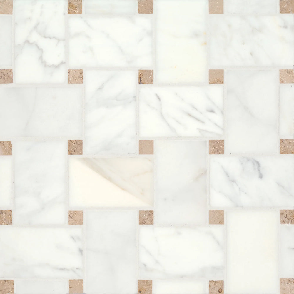 Bedrosians Jumbo Basketweave Collection Calacatta with Jura Beige Dot 11.25" x 11.25" Honed Basketweave Marble Mosaic Tile