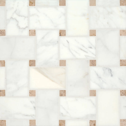 Bedrosians Jumbo Basketweave Collection Calacatta with Jura Beige Dot 11.25" x 11.25" Honed Basketweave Marble Mosaic Tile