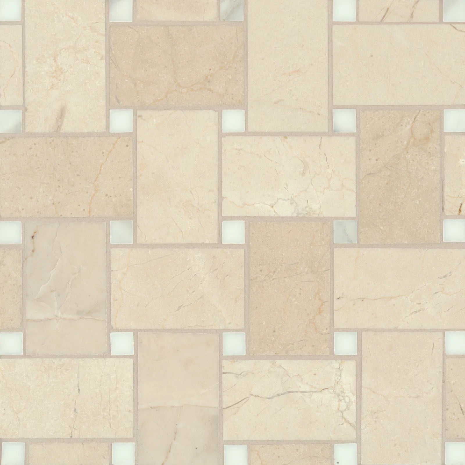 Bedrosians Jumbo Basketweave Collection Crema Marfil with Calacatta Dot 11.25" x 11.25" Honed Basketweave Marble Mosaic Tile