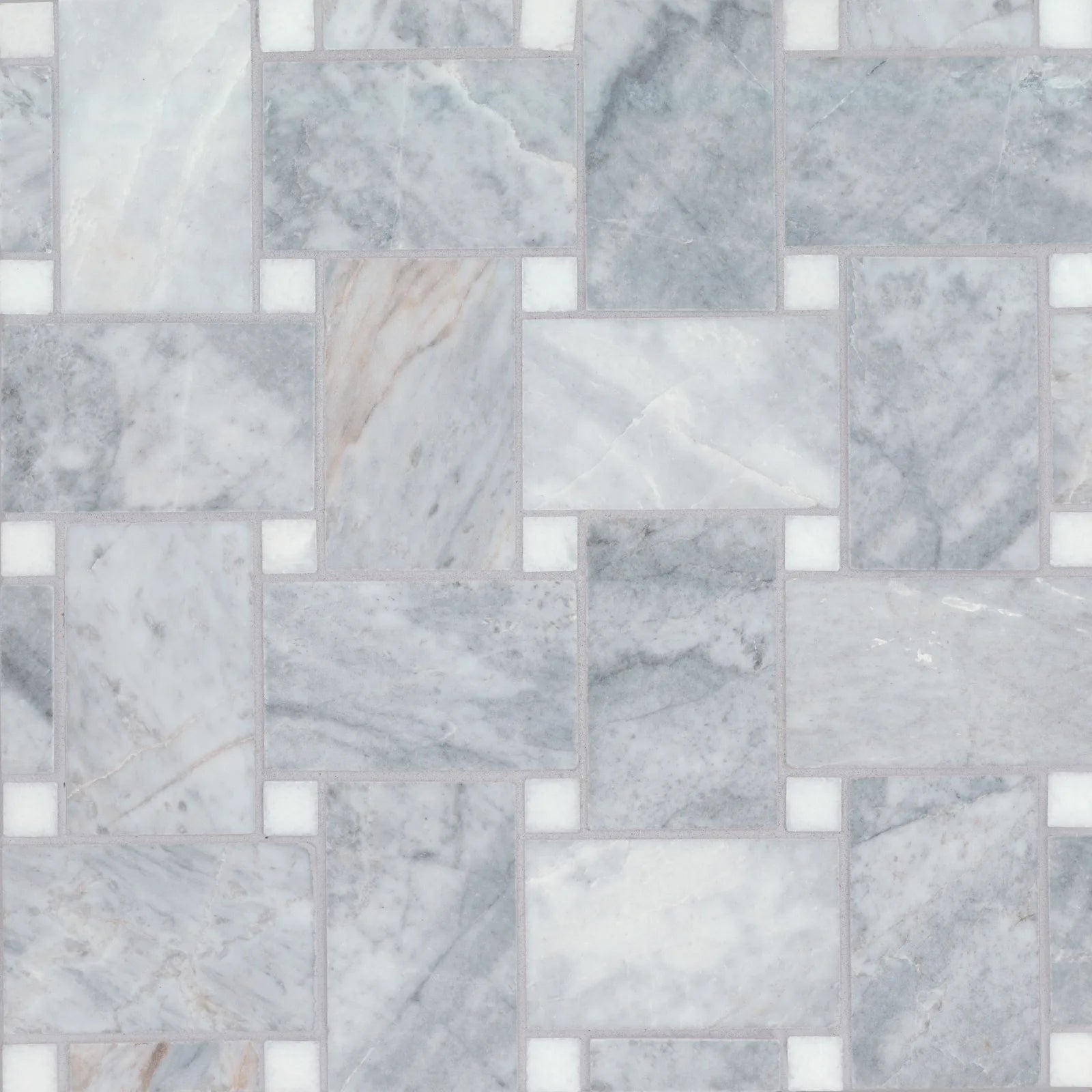 Bedrosians Jumbo Basketweave Collection Glorious Blue with Thassos Dot 11.25" x 11.25" Honed Basketweave Marble Mosaic Tile