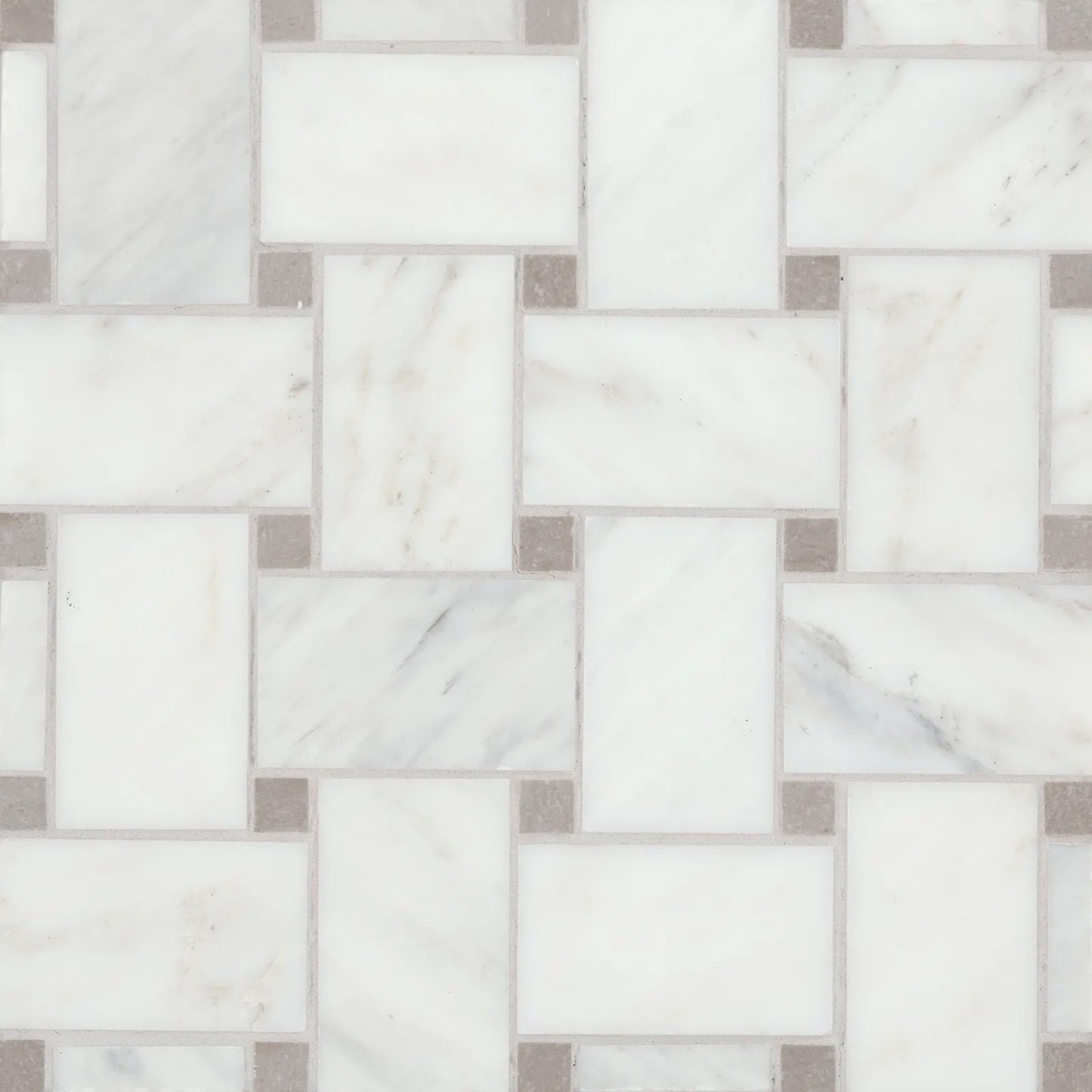 Bedrosians Jumbo Basketweave Collection Oriental White with Cinder Grey Dot 11.25" x 11.25" Honed Basketweave Marble Mosaic Tile