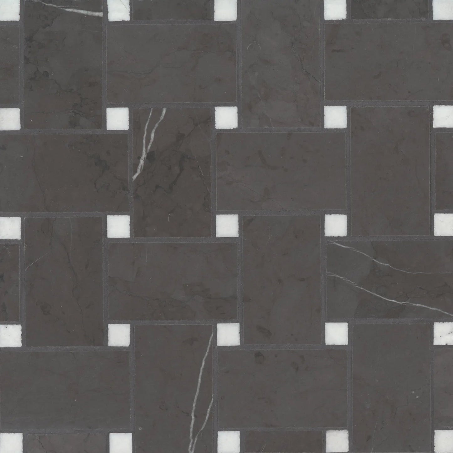 Bedrosians Jumbo Basketweave Collection Pietra Grey with Thassos Dot 11.25" x 11.25" Honed Basketweave Marble Mosaic Tile