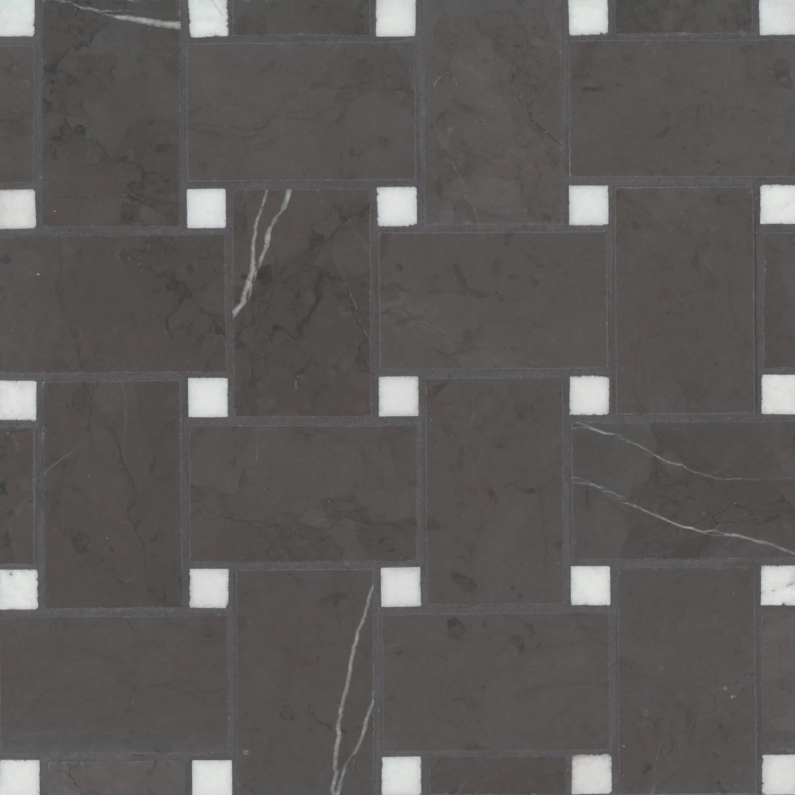 Bedrosians Jumbo Basketweave Collection Pietra Grey with Thassos Dot 11.25" x 11.25" Honed Basketweave Marble Mosaic Tile