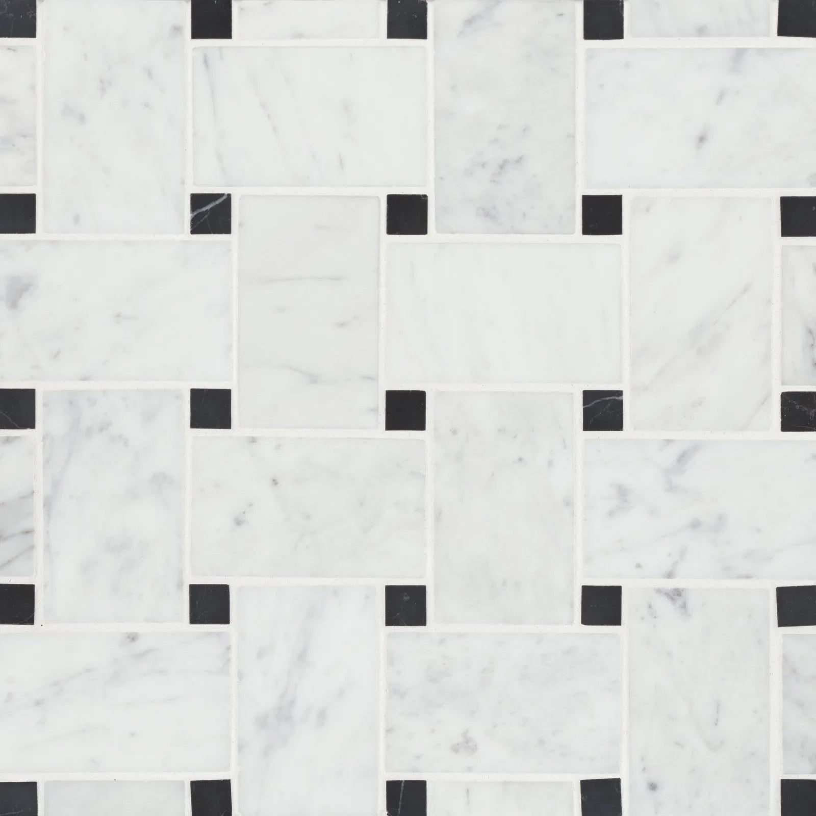 Bedrosians Jumbo Basketweave Collection White Carrara with Absolute Black Dot 11.25" x 11.25" Honed Basketweave Marble Mosaic Tile