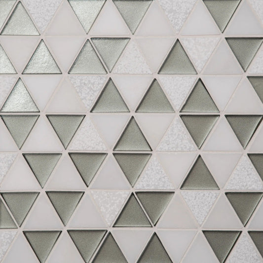 Bedrosians Kaikos Collection Grey and Oriental White (1.75" Triangle Pieces) 9.5" x 10" Glass & Marble Mosaic Tile